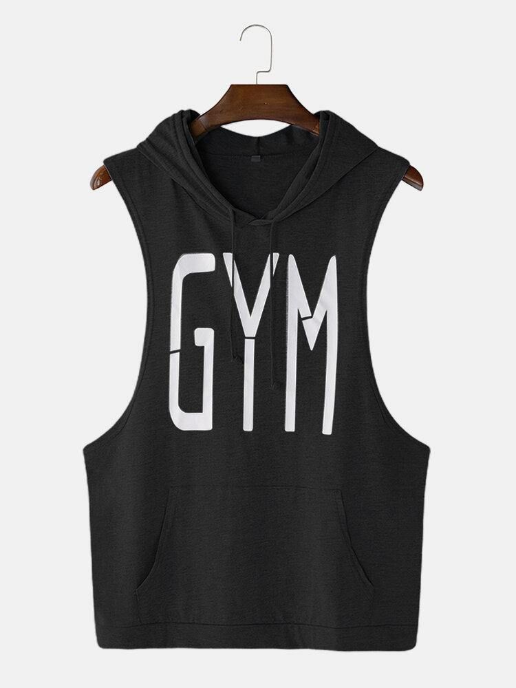 Män Mode Letter Print Hooded Sleeveless Pocket Enfärgad Sport Toppar