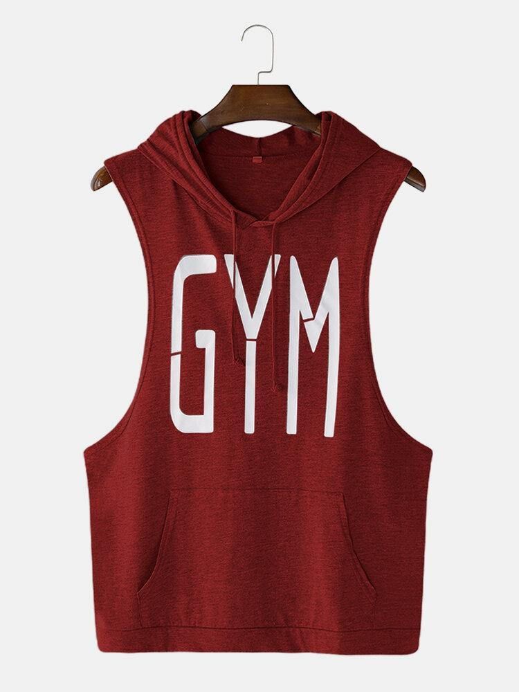 Män Mode Letter Print Hooded Sleeveless Pocket Enfärgad Sport Toppar