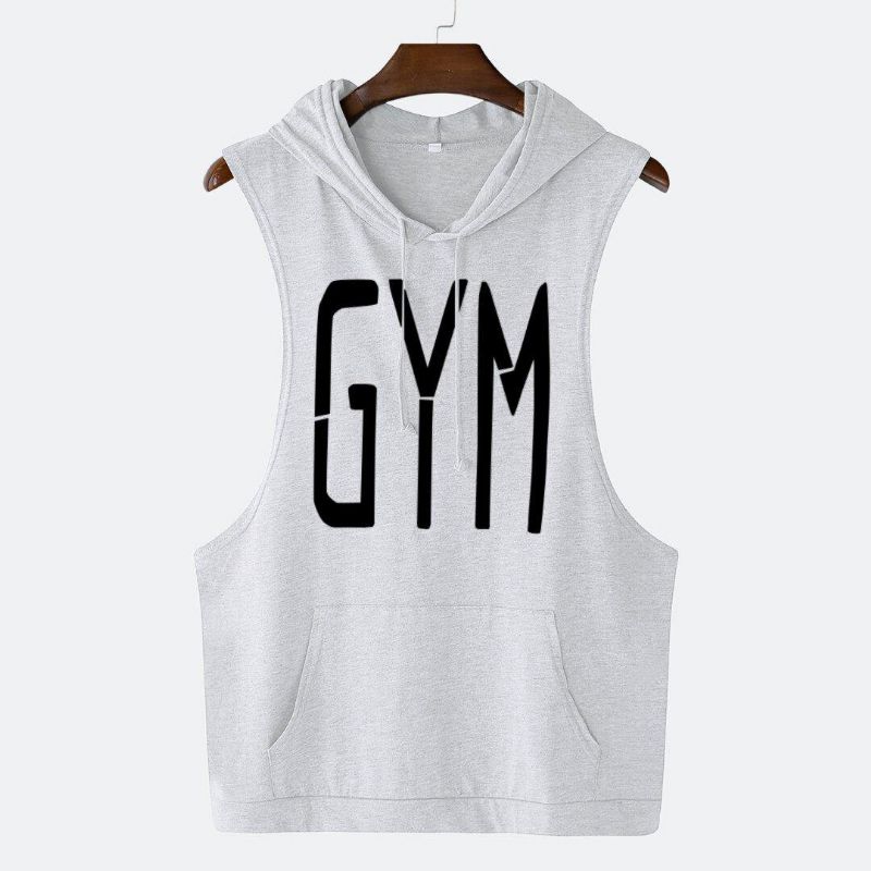 Män Mode Letter Print Hooded Sleeveless Pocket Enfärgad Sport Toppar