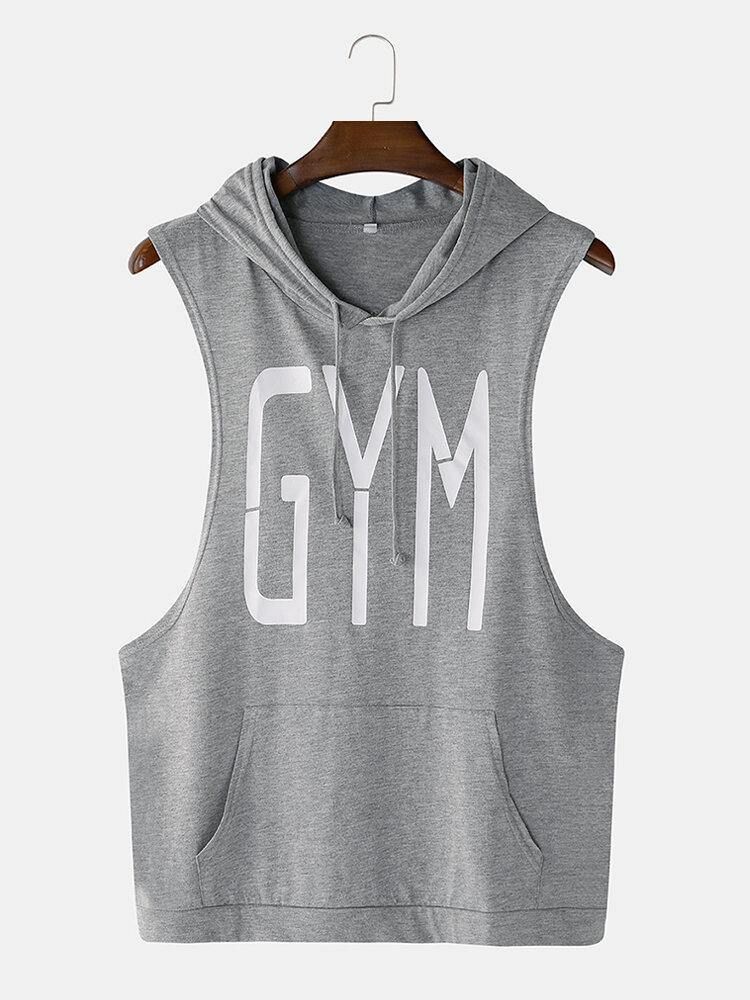 Män Mode Letter Print Hooded Sleeveless Pocket Enfärgad Sport Toppar