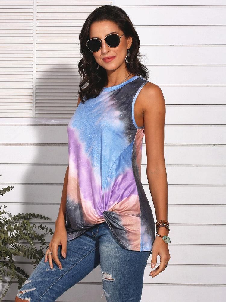 Tie-Dye Gradient Print Ärmlös O-Ringad Casual Linne För Kvinnor