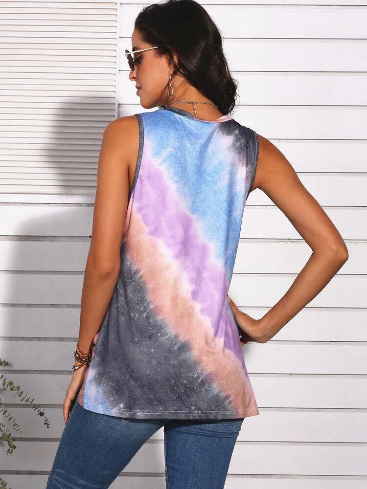 Tie-Dye Gradient Print Ärmlös O-Ringad Casual Linne För Kvinnor