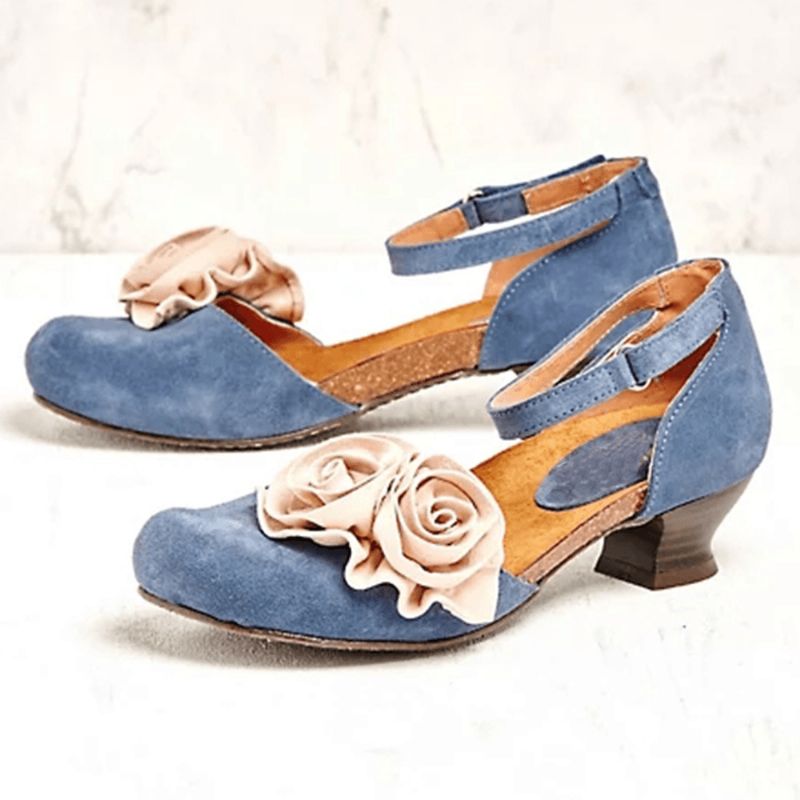 Kvinnor Vintage Blomsterdekoration Rund Tå Ankelrem Krokögla Casual Heels Pumps