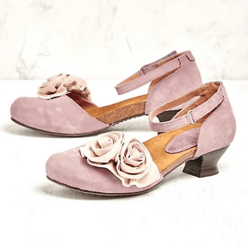 Kvinnor Vintage Blomsterdekoration Rund Tå Ankelrem Krokögla Casual Heels Pumps