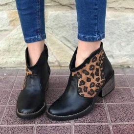 Casual Splicing Leopard Sido Dragkedja Chunky Heel Cowboy Ankel Stövlar Boots För Kvinnor