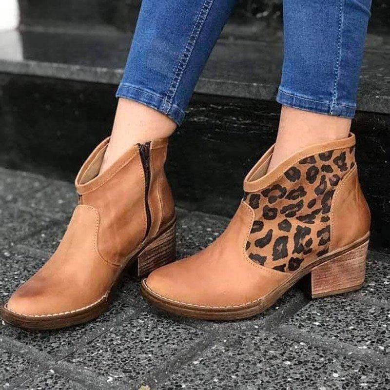 Casual Splicing Leopard Sido Dragkedja Chunky Heel Cowboy Ankel Stövlar Boots För Kvinnor