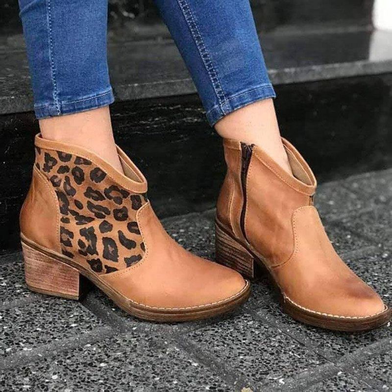 Casual Splicing Leopard Sido Dragkedja Chunky Heel Cowboy Ankel Stövlar Boots För Kvinnor