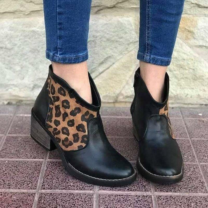 Casual Splicing Leopard Sido Dragkedja Chunky Heel Cowboy Ankel Stövlar Boots För Kvinnor