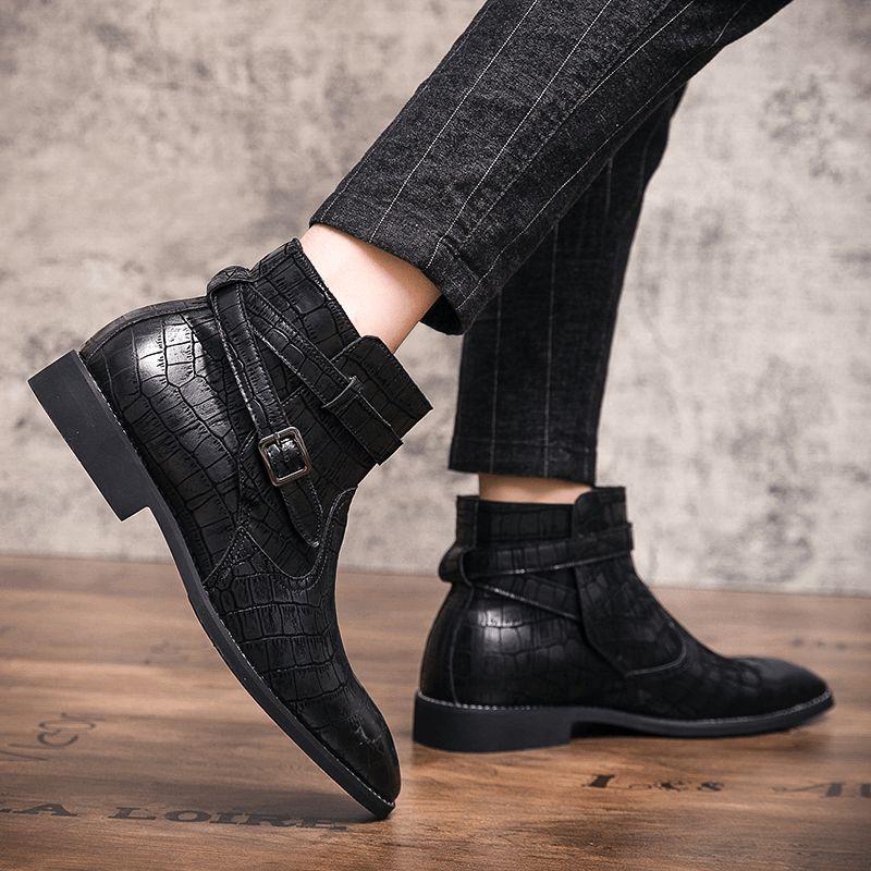 Herrmode Bekvämt Präglat Läder Metal Spänne Strap Ankel Stövlar Boots