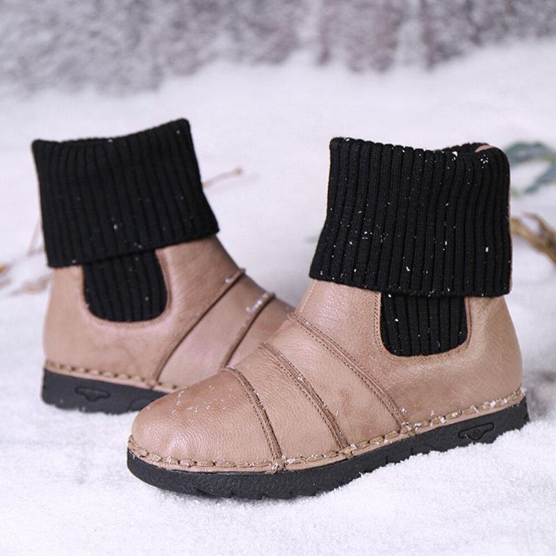 Kohud Lädersömmar Varmt Foder Slip-On Flat Snow Short Stövlar Boots