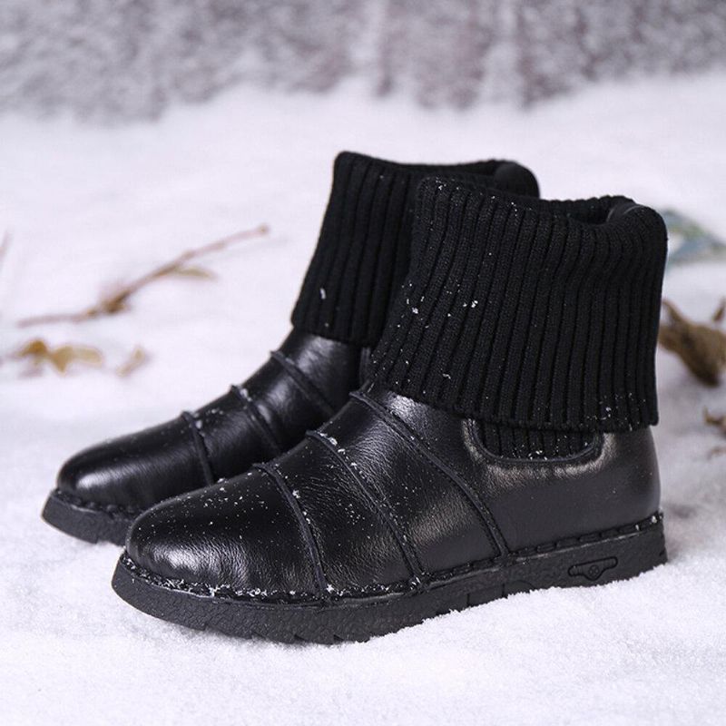 Kohud Lädersömmar Varmt Foder Slip-On Flat Snow Short Stövlar Boots