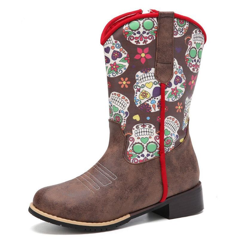 Kvinnor Retro Blomma Utskrift Spetsad Tå Blixtlås Mitten Av Vaden Cowboy Stövlar Boots