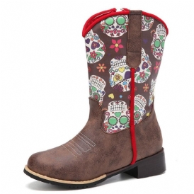 Kvinnor Retro Blomma Utskrift Spetsad Tå Blixtlås Mitten Av Vaden Cowboy Stövlar Boots