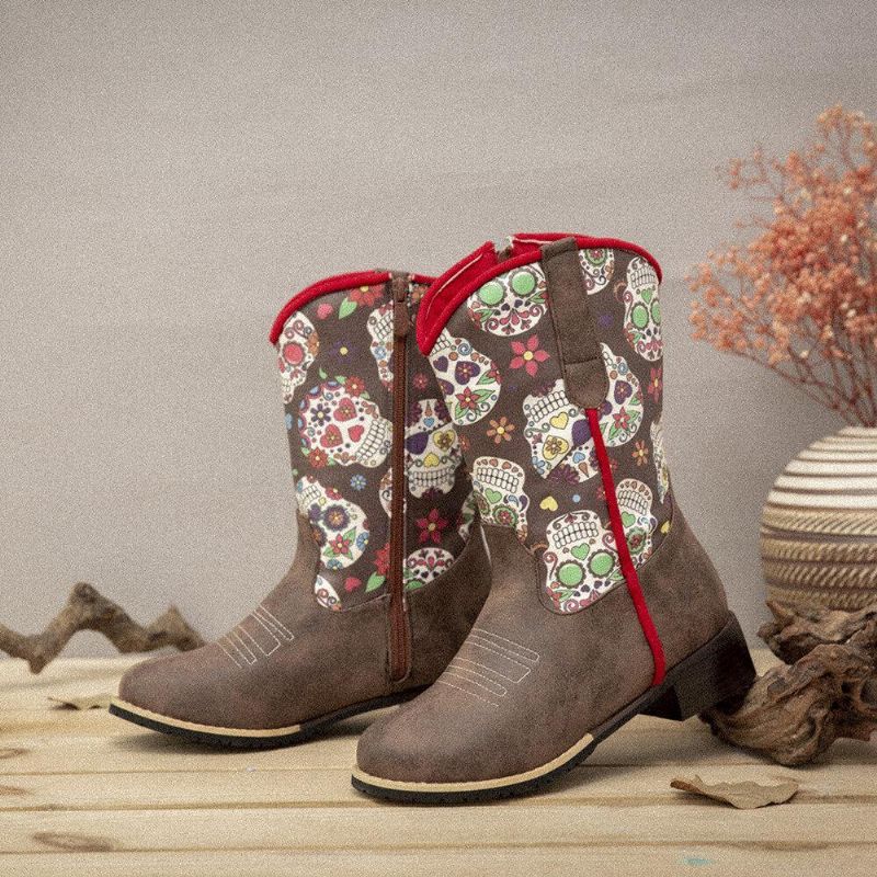 Kvinnor Retro Blomma Utskrift Spetsad Tå Blixtlås Mitten Av Vaden Cowboy Stövlar Boots