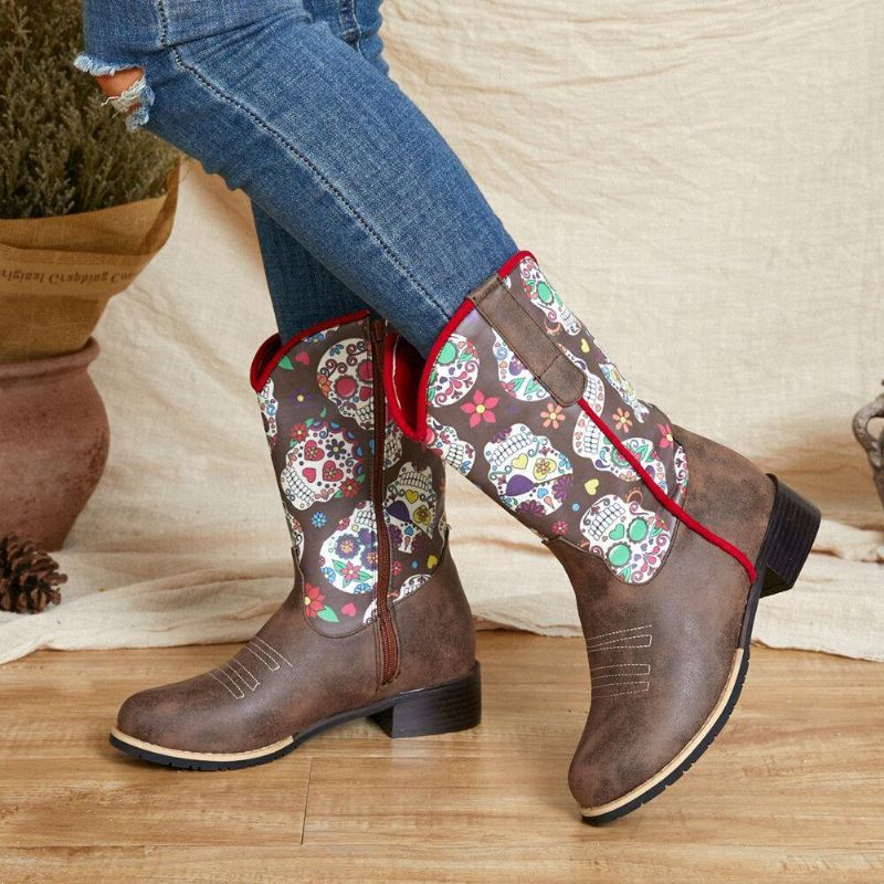 Kvinnor Retro Blomma Utskrift Spetsad Tå Blixtlås Mitten Av Vaden Cowboy Stövlar Boots