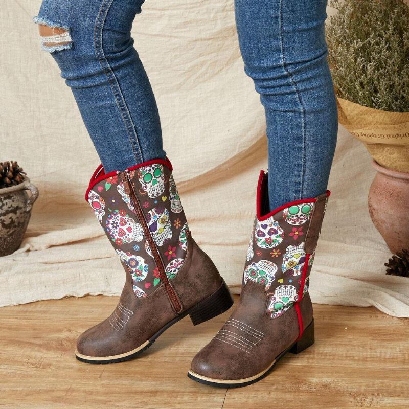 Kvinnor Retro Blomma Utskrift Spetsad Tå Blixtlås Mitten Av Vaden Cowboy Stövlar Boots