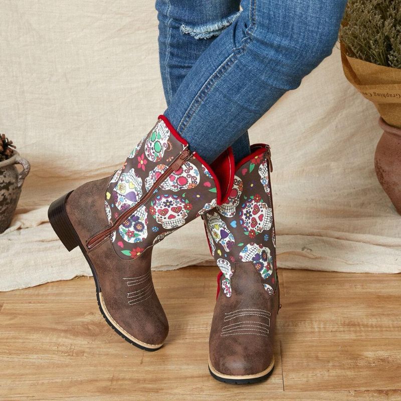 Kvinnor Retro Blomma Utskrift Spetsad Tå Blixtlås Mitten Av Vaden Cowboy Stövlar Boots