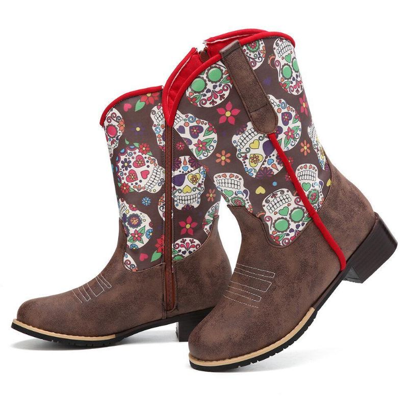 Kvinnor Retro Blomma Utskrift Spetsad Tå Blixtlås Mitten Av Vaden Cowboy Stövlar Boots