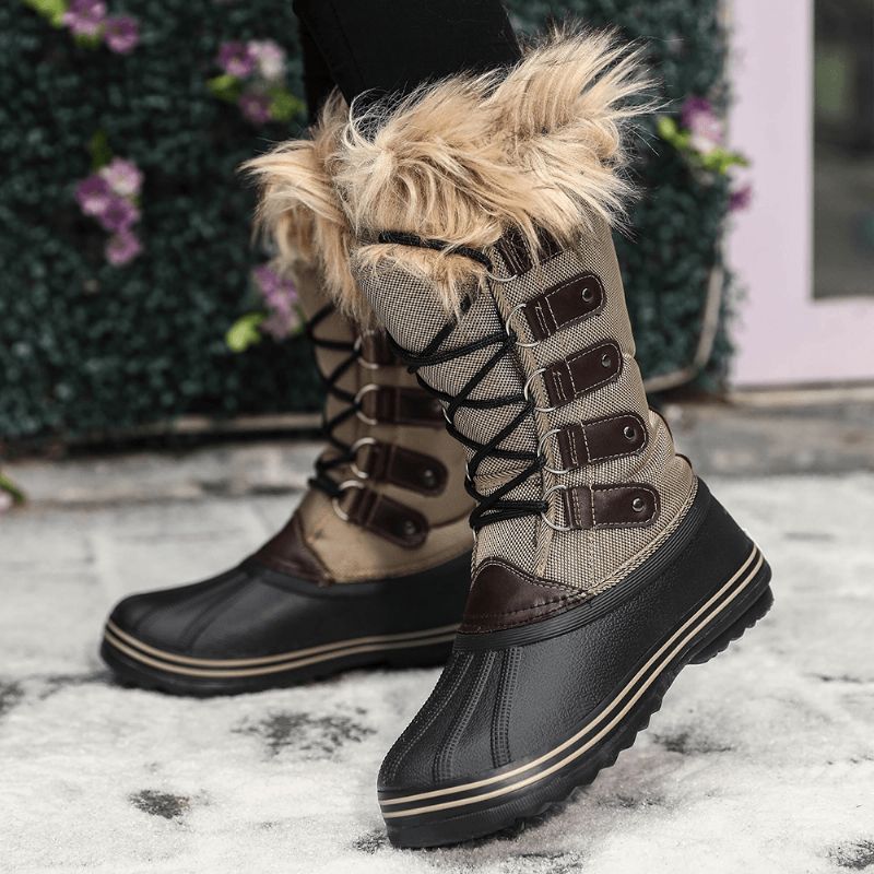 Kvinnor Solid Furry Varm Halkbeständig Cross Strap Mid Calf Snow Stövlar Boots