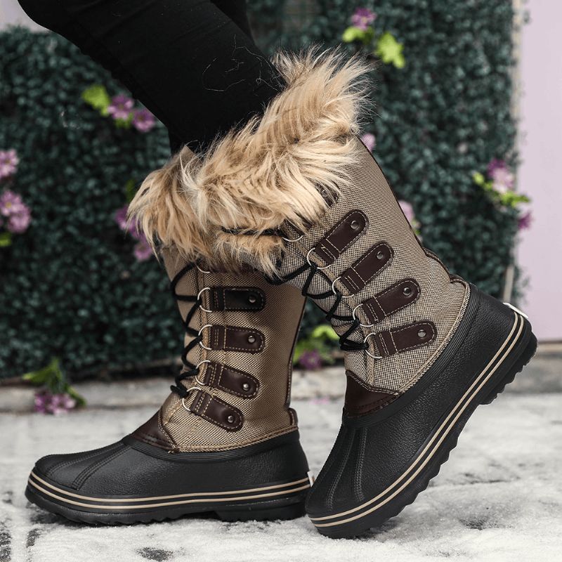 Kvinnor Solid Furry Varm Halkbeständig Cross Strap Mid Calf Snow Stövlar Boots