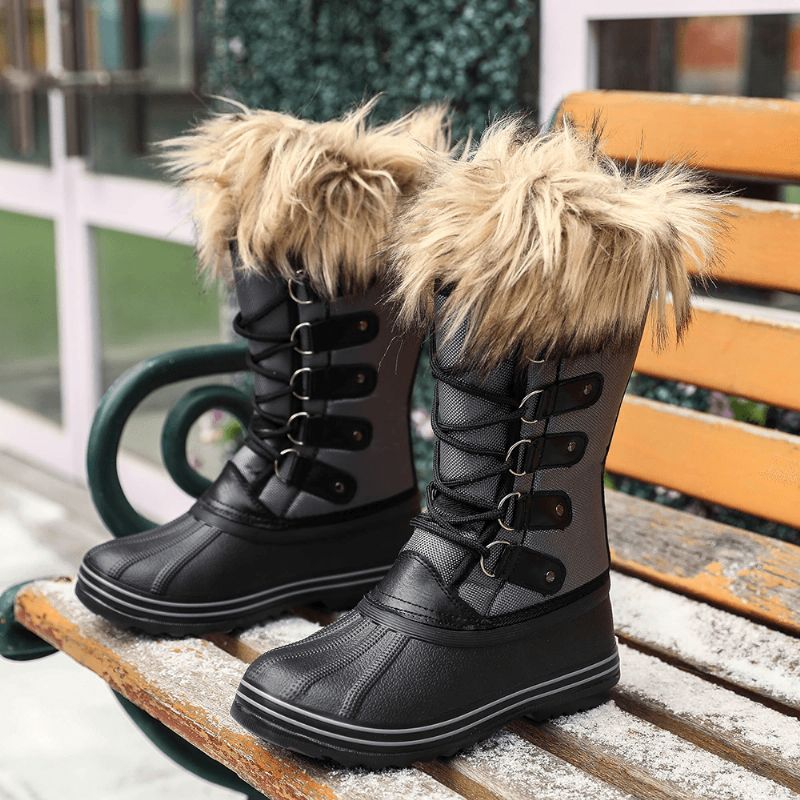 Kvinnor Solid Furry Varm Halkbeständig Cross Strap Mid Calf Snow Stövlar Boots