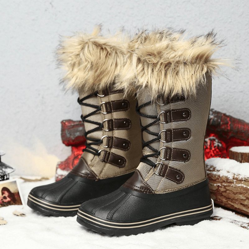 Kvinnor Solid Furry Varm Halkbeständig Cross Strap Mid Calf Snow Stövlar Boots