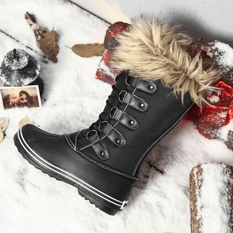 Kvinnor Solid Furry Varm Halkbeständig Cross Strap Mid Calf Snow Stövlar Boots