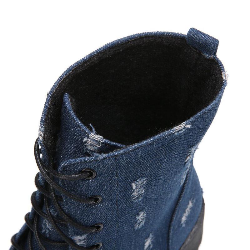 Kvinnor Stor Storlek Denim Rund Toe Snörning Chunky Heel Tooling Korta Stövlar