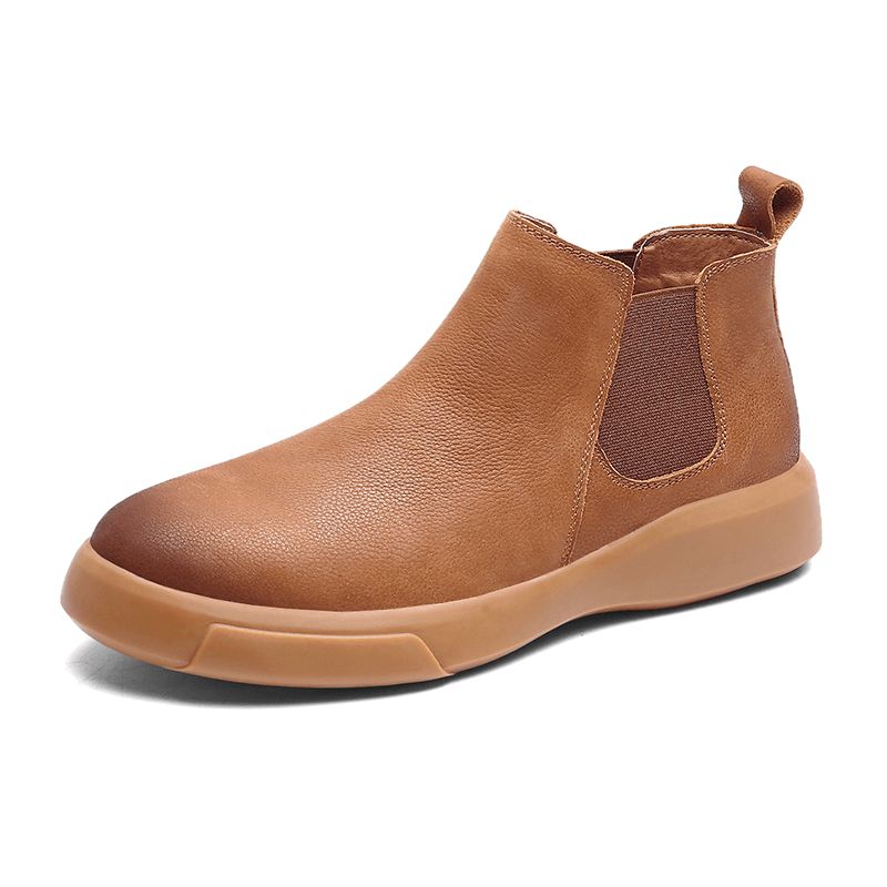 Män Comfy Cowhide Läder Halkfri Elastisk Slip On Casual Chelsea Stövlar Boots