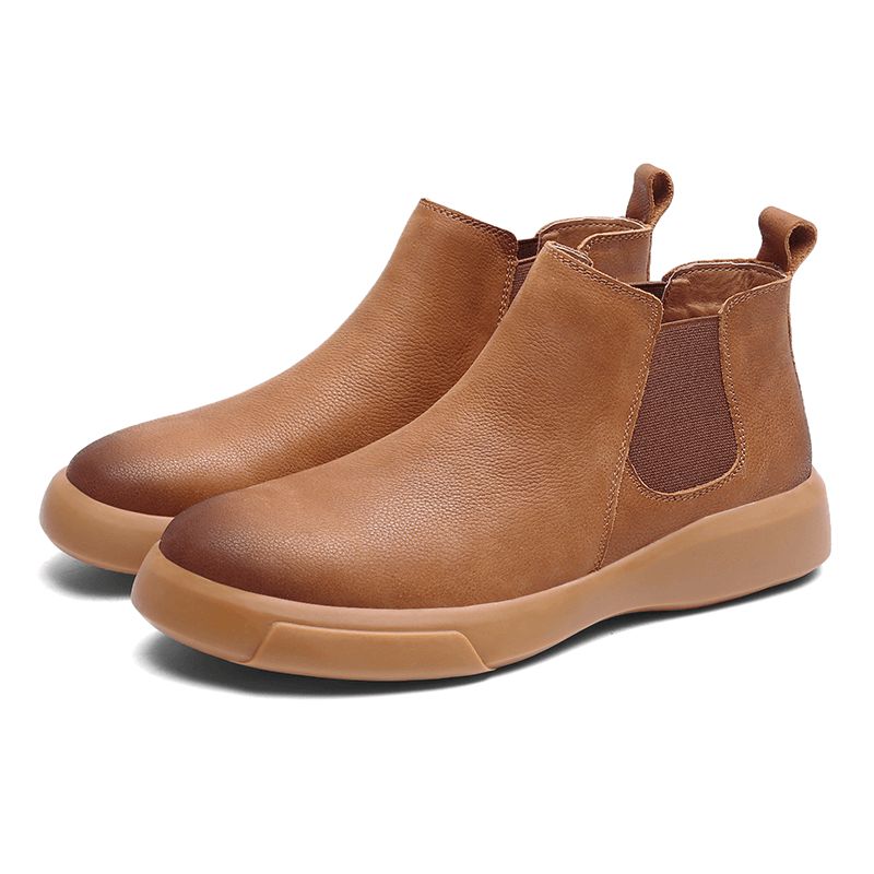 Män Comfy Cowhide Läder Halkfri Elastisk Slip On Casual Chelsea Stövlar Boots