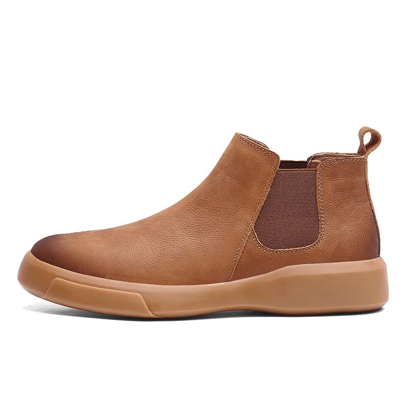 Män Comfy Cowhide Läder Halkfri Elastisk Slip On Casual Chelsea Stövlar Boots