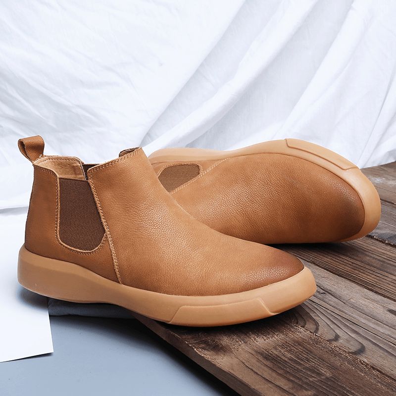 Män Comfy Cowhide Läder Halkfri Elastisk Slip On Casual Chelsea Stövlar Boots