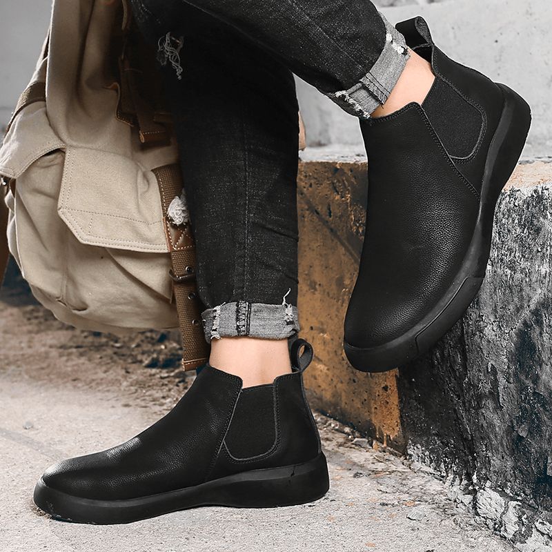 Män Comfy Cowhide Läder Halkfri Elastisk Slip On Casual Chelsea Stövlar Boots