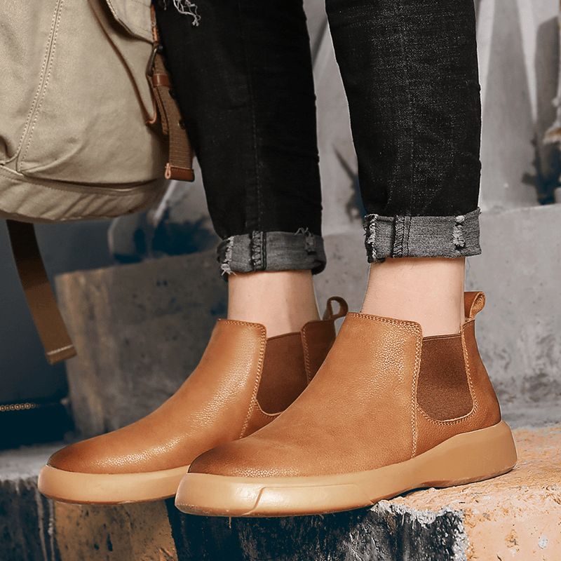 Män Comfy Cowhide Läder Halkfri Elastisk Slip On Casual Chelsea Stövlar Boots