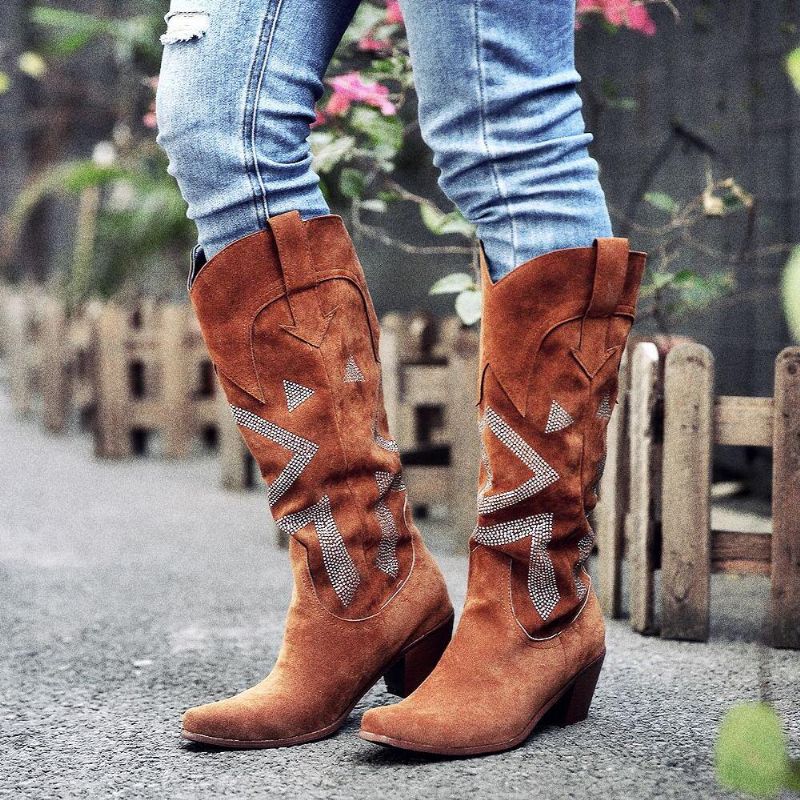 Plus Size Dam Mocka Rhinestone Chunky Heel Knä Cowboy Stövlar Boots