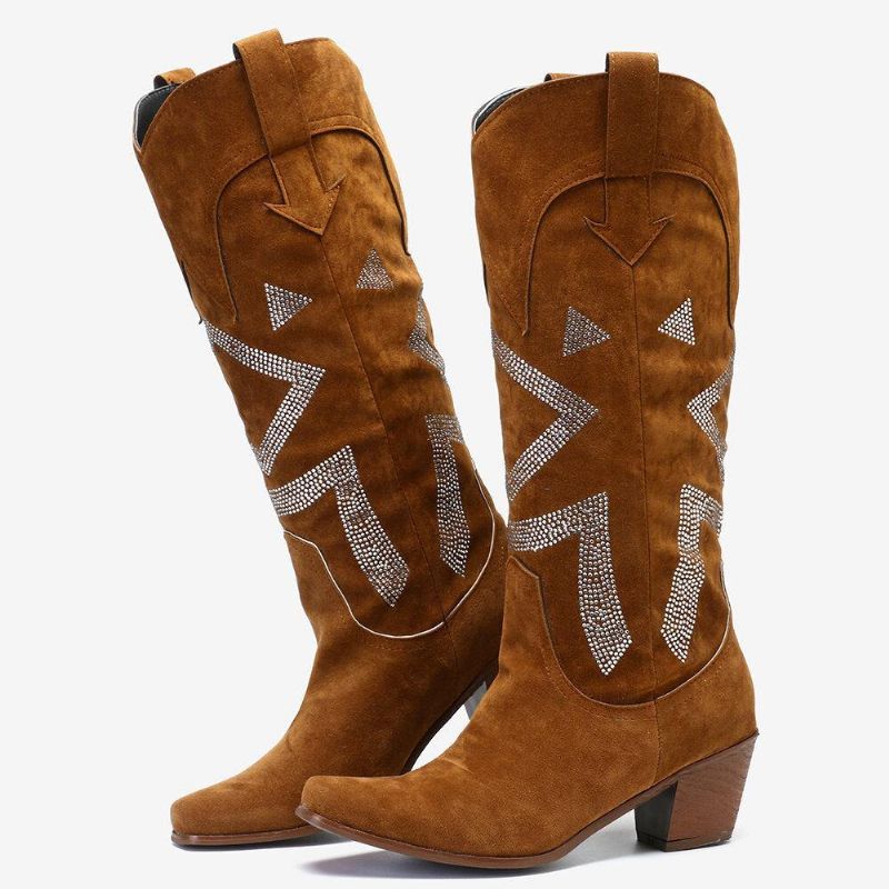 Plus Size Dam Mocka Rhinestone Chunky Heel Knä Cowboy Stövlar Boots