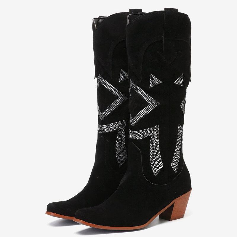 Plus Size Dam Mocka Rhinestone Chunky Heel Knä Cowboy Stövlar Boots