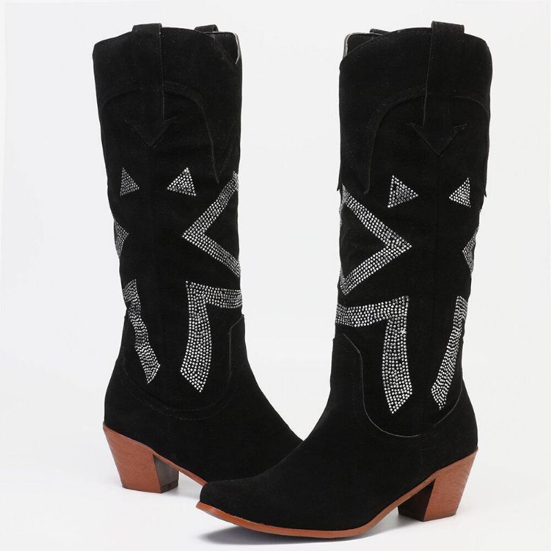 Plus Size Dam Mocka Rhinestone Chunky Heel Knä Cowboy Stövlar Boots