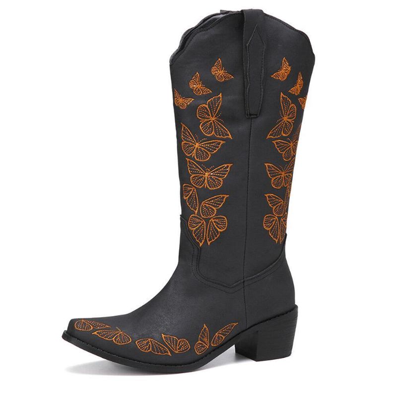 Plus Size Dam Retro Butterfly Broderade Mid Calf Cowboy Stövlar Boots