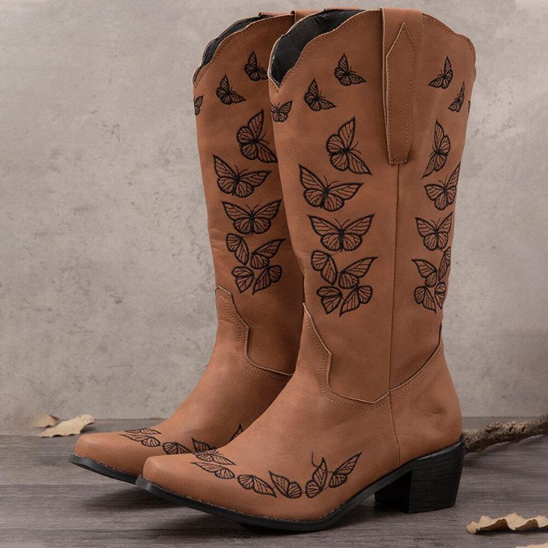 Plus Size Dam Retro Butterfly Broderade Mid Calf Cowboy Stövlar Boots