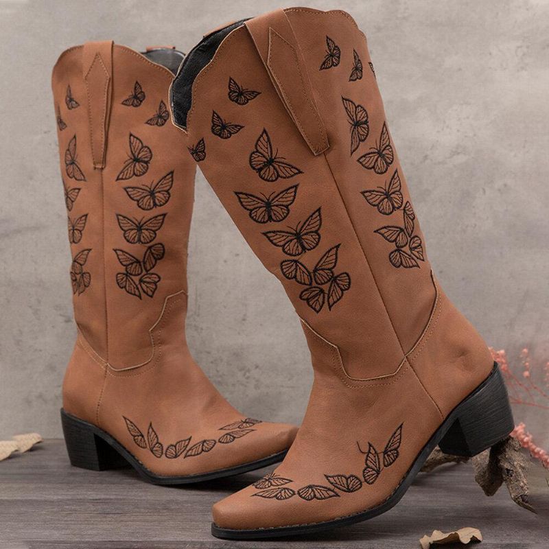 Plus Size Dam Retro Butterfly Broderade Mid Calf Cowboy Stövlar Boots