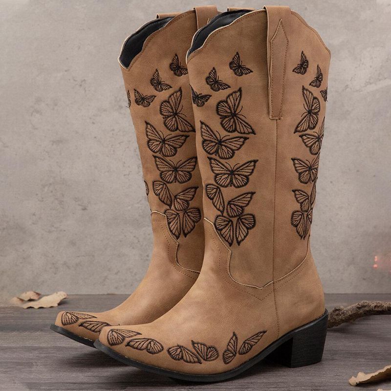 Plus Size Dam Retro Butterfly Broderade Mid Calf Cowboy Stövlar Boots