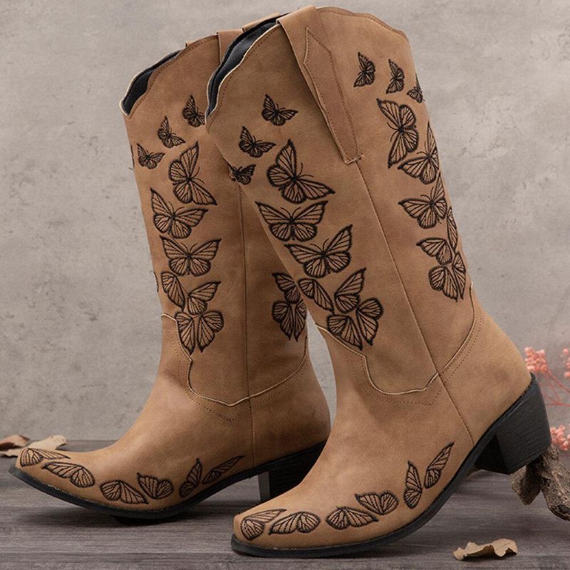 Plus Size Dam Retro Butterfly Broderade Mid Calf Cowboy Stövlar Boots