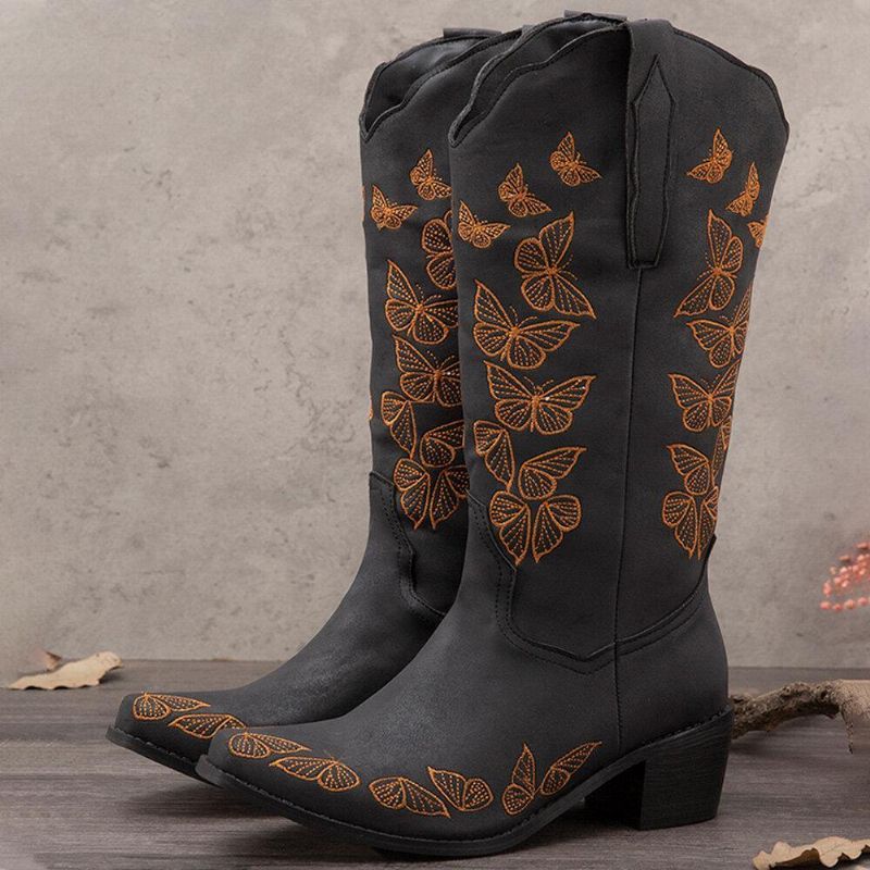 Plus Size Dam Retro Butterfly Broderade Mid Calf Cowboy Stövlar Boots