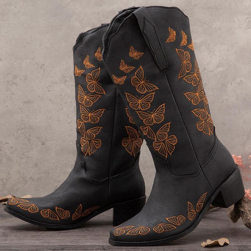 Plus Size Dam Retro Butterfly Broderade Mid Calf Cowboy Stövlar Boots