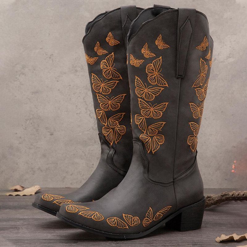 Plus Size Dam Retro Butterfly Broderade Mid Calf Cowboy Stövlar Boots