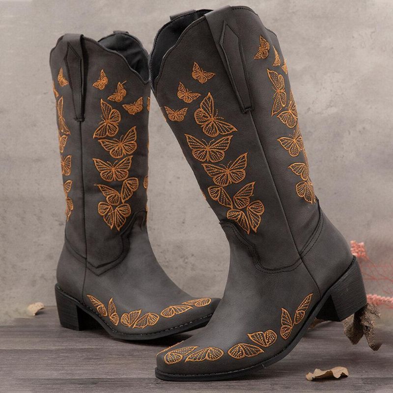 Plus Size Dam Retro Butterfly Broderade Mid Calf Cowboy Stövlar Boots