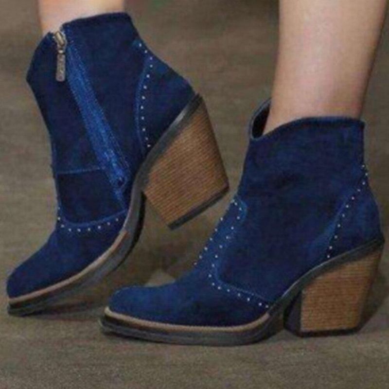 Plus Size Kvinnor Mocka Nit Sida Dragkedja Chunky Heel Ankel Stövlar Boots