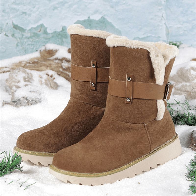 Plus Size Kvinnor Mocka Tyg Bälte Spänne Halkbeständiga Korta Snow Stövlar Boots