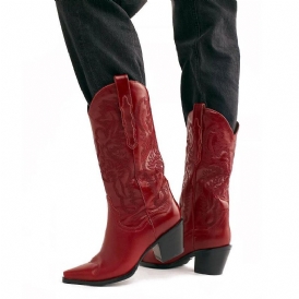 Plus Size Retro Dam Blommig Chunky Heel Cowboystövlar Med Mitten Av Vaden